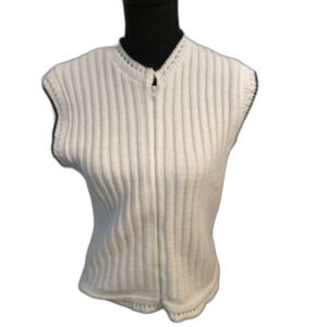 White Sweater Front Zip Up Sleeveless Vest Large L Women's